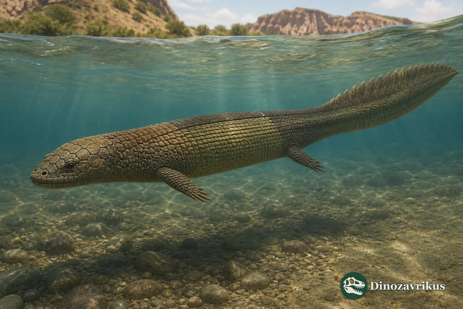 Vancleavea campi moving through a shallow Triassic channel in New Mexico