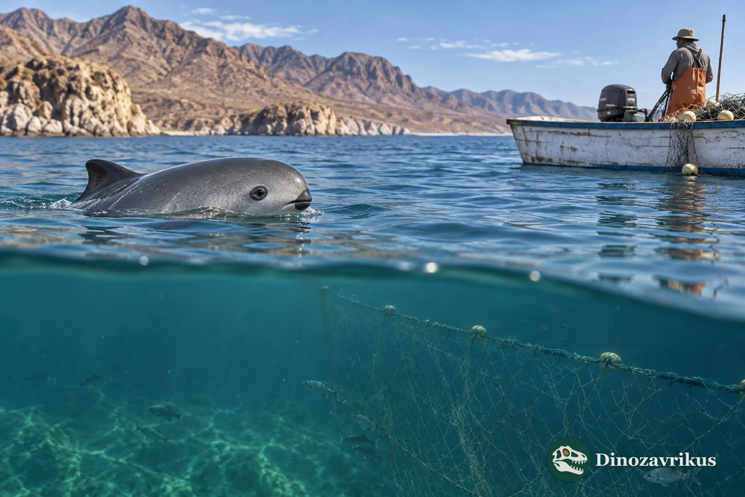 Vaquita surfacing in the northern Gulf of California near a fishing boat