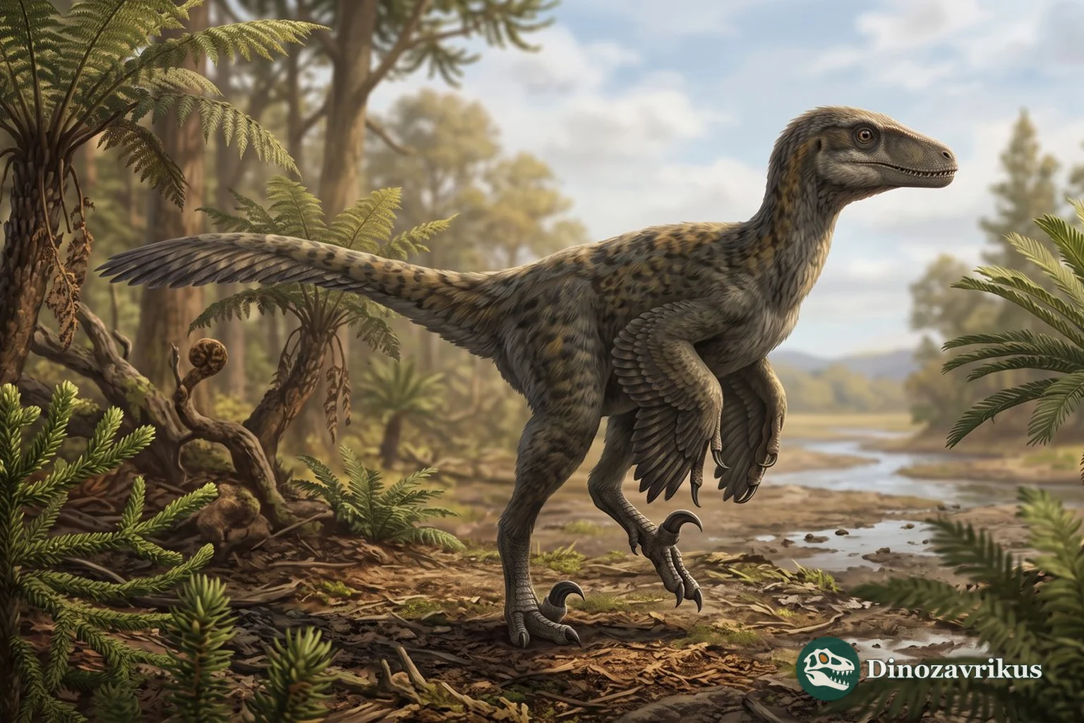 Feathered reconstruction of Variraptor beside a Late Cretaceous floodplain