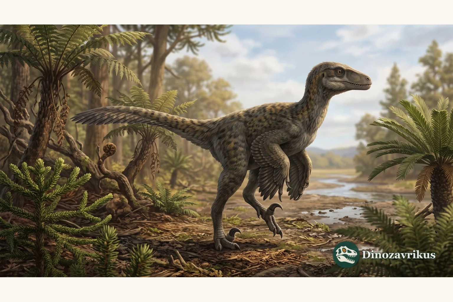 Feathered reconstruction of Variraptor beside a Late Cretaceous floodplain