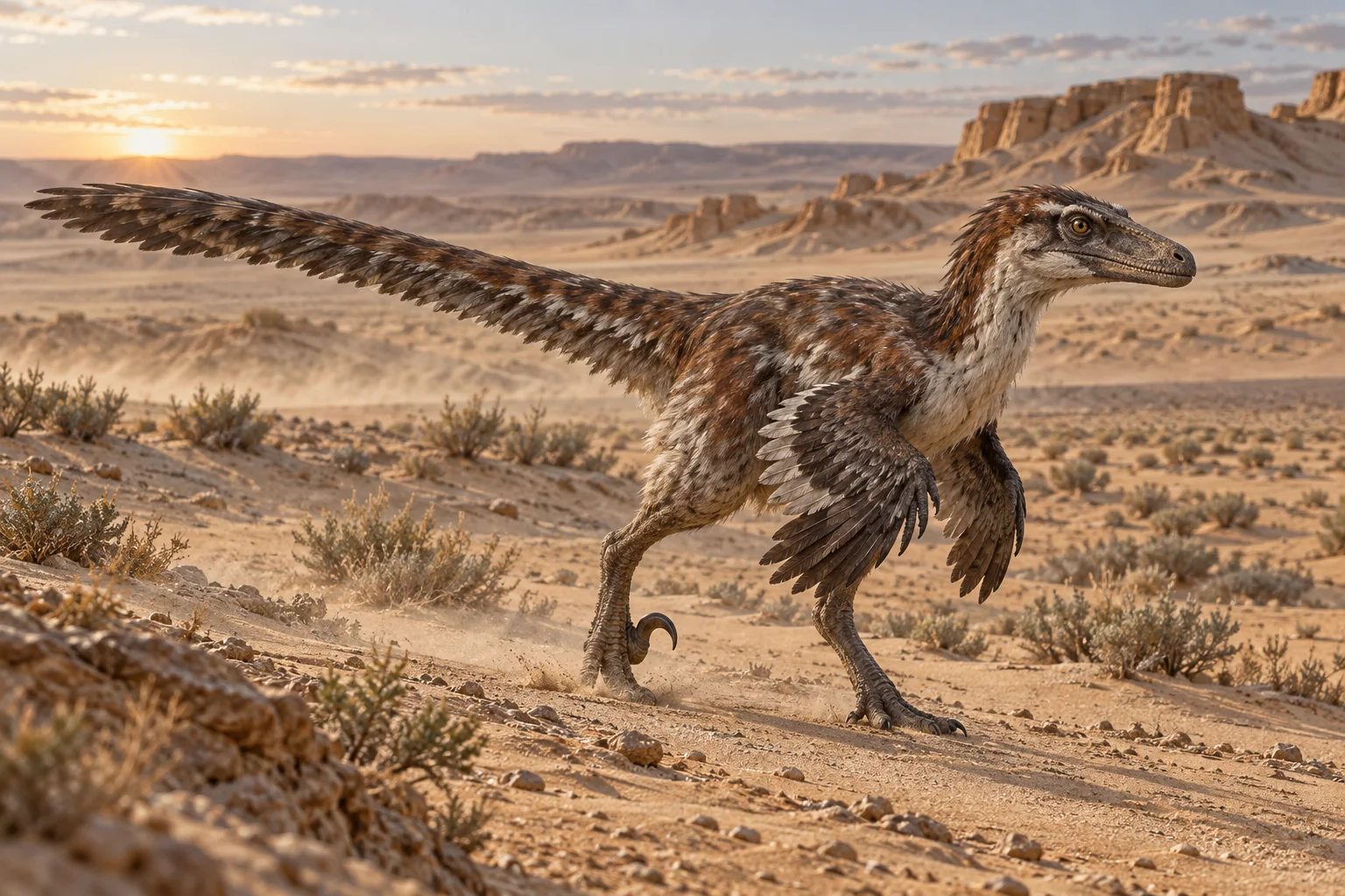Artist's reconstruction of a feathered Velociraptor mongoliensis in the Gobi Desert