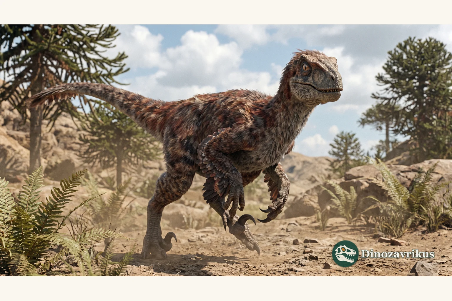 Feathered Velociraptor in an arid Late Cretaceous setting