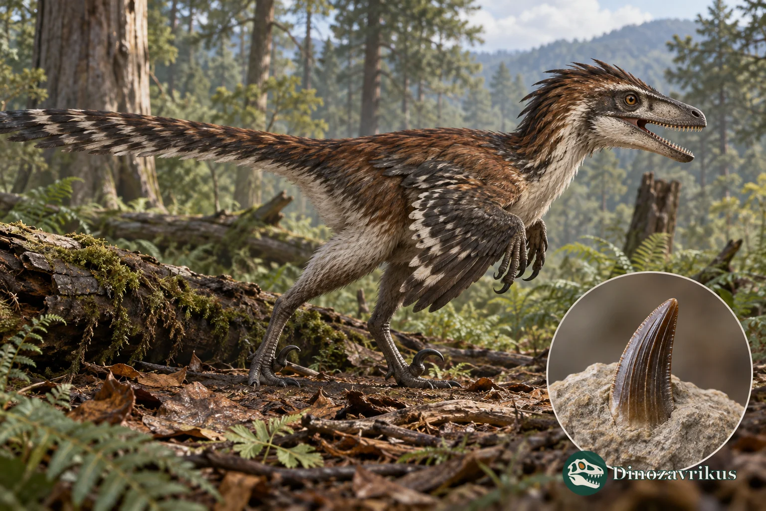 Feathered Sinornithosaurus in a forest with a fossil tooth shown for comparison