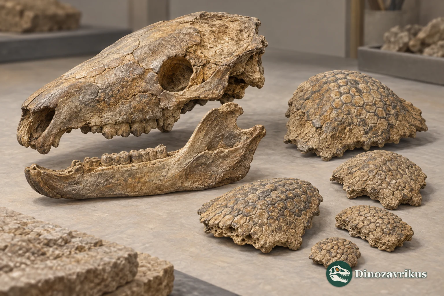 Illustrative study display of a Vetelia skull, jaw and armour plates