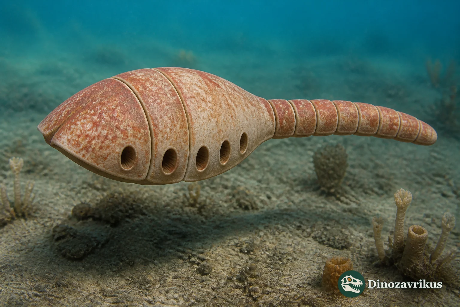 Vetulicola reconstructed with a broad plated front body and a narrow segmented tail in a Cambrian sea