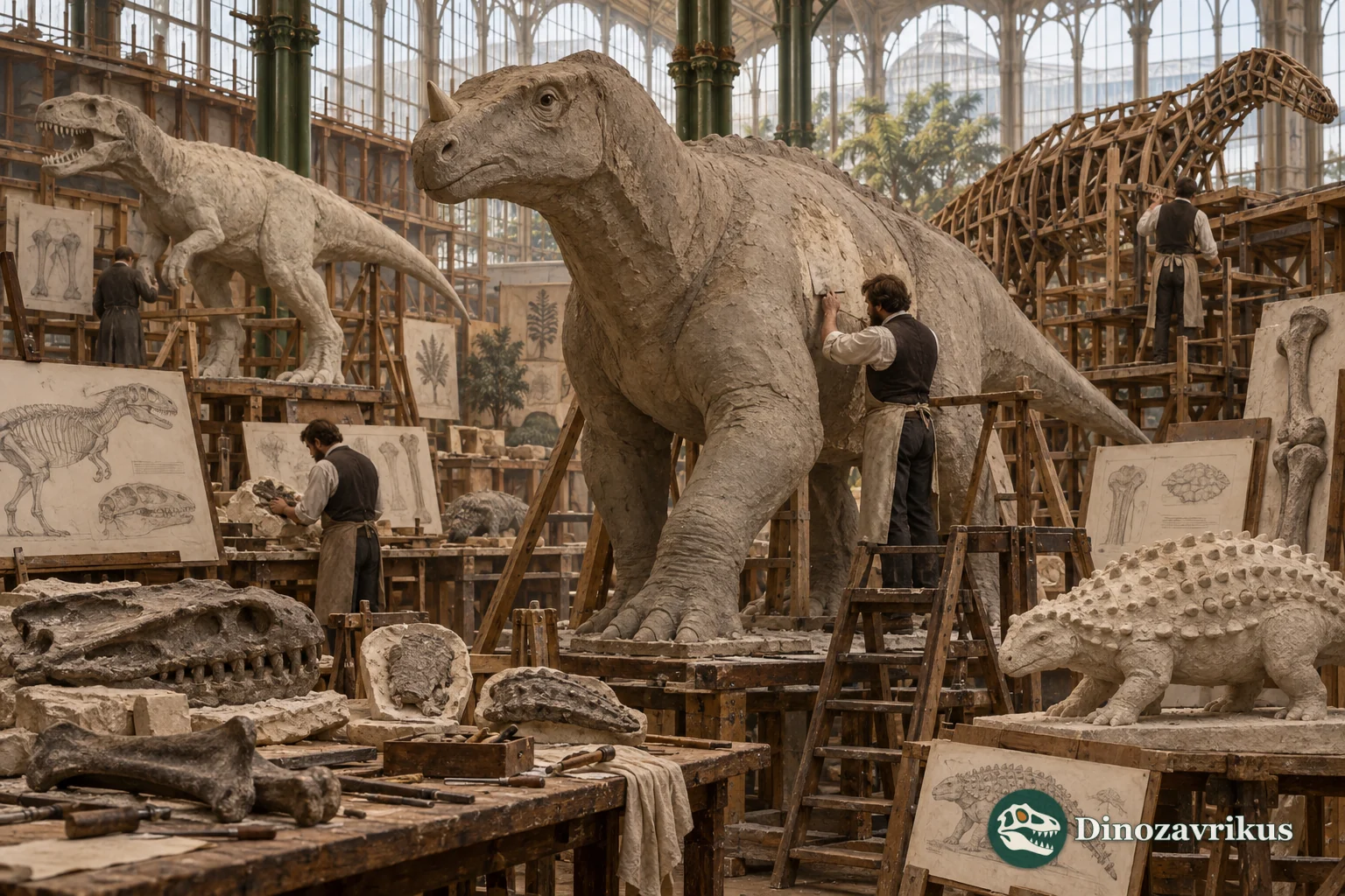 Victorian workshop constructing an early Iguanodon model