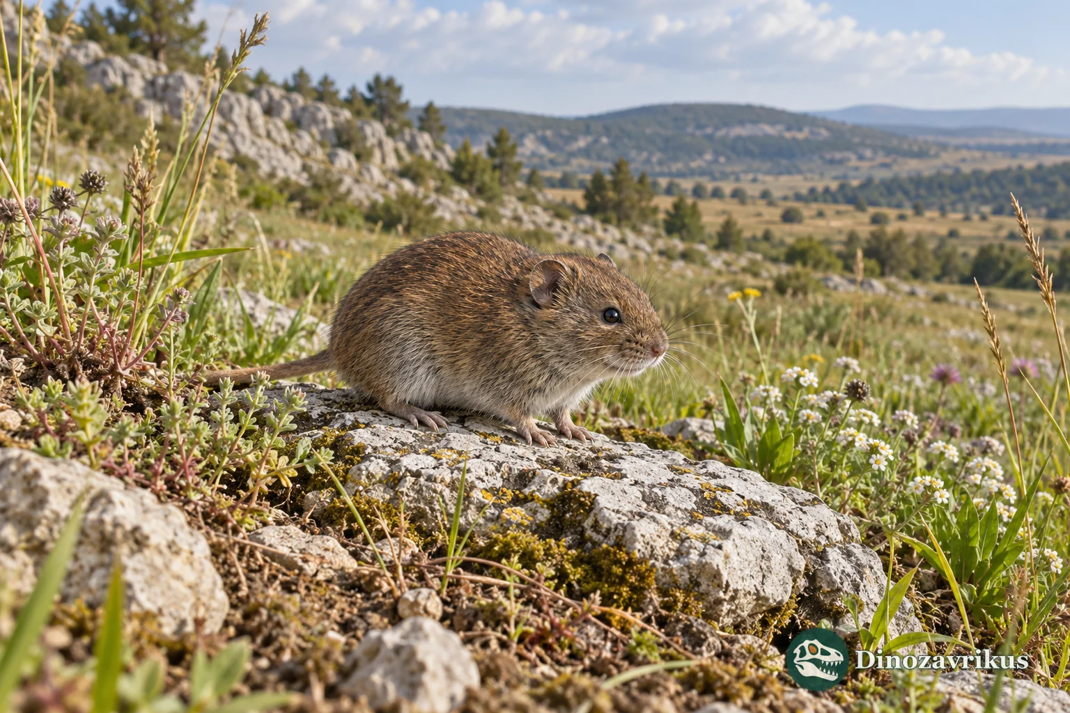 Artistic reconstruction of a small extinct vole in an ancient central European meadow