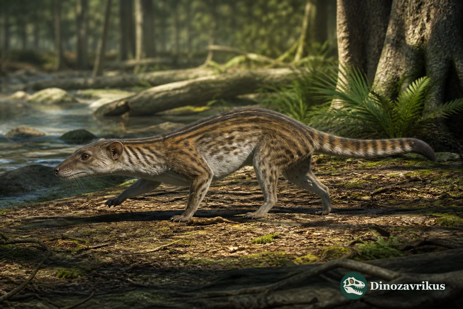 Artistic reconstruction of Viverravus moving through an Eocene woodland