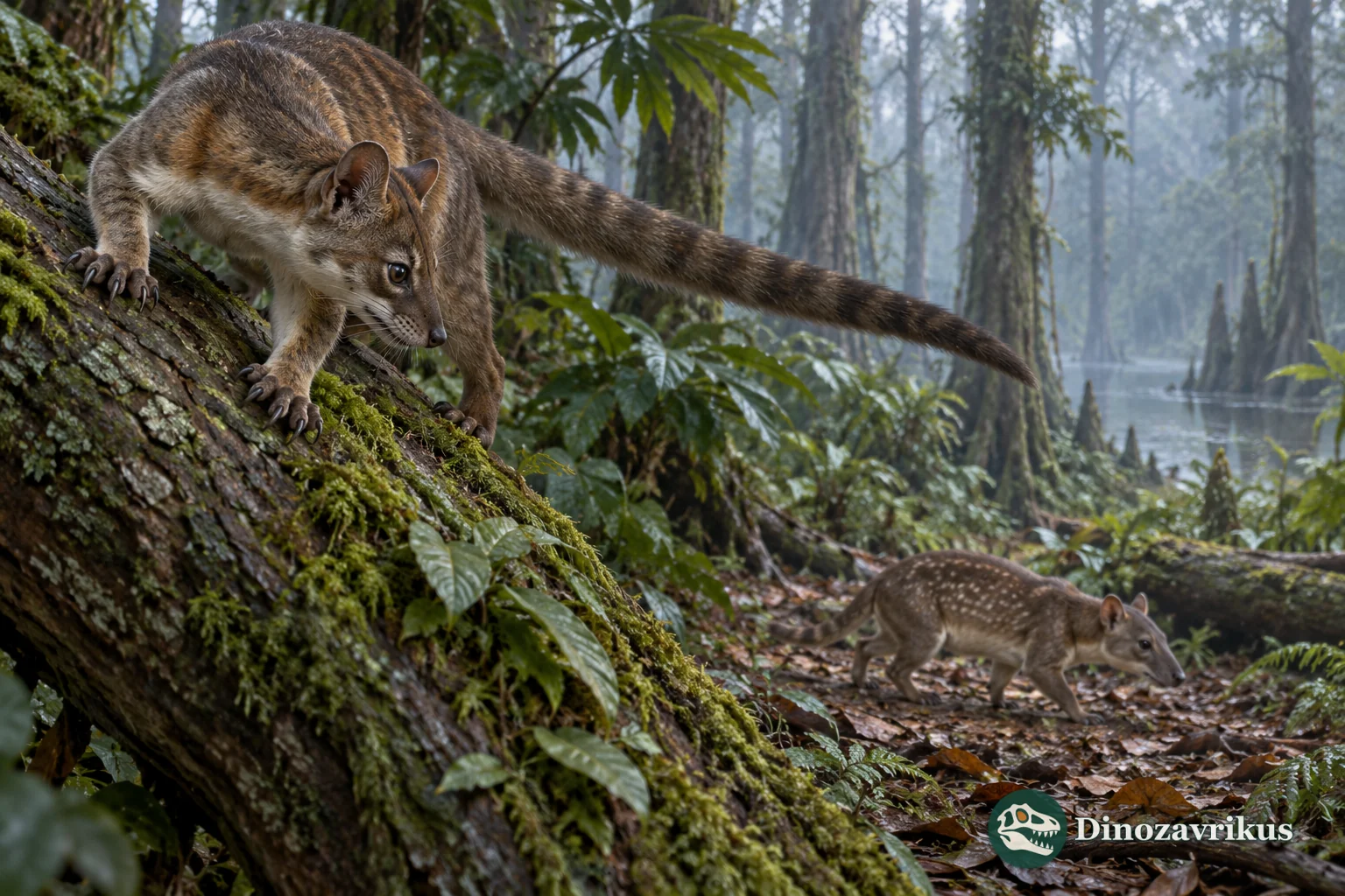 Reconstructed Vulpavus climbing above a generalized terrestrial mammal