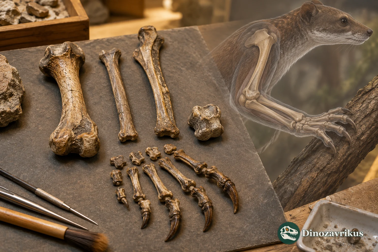 Schematic fossil limb elements and a reconstructed climbing forelimb