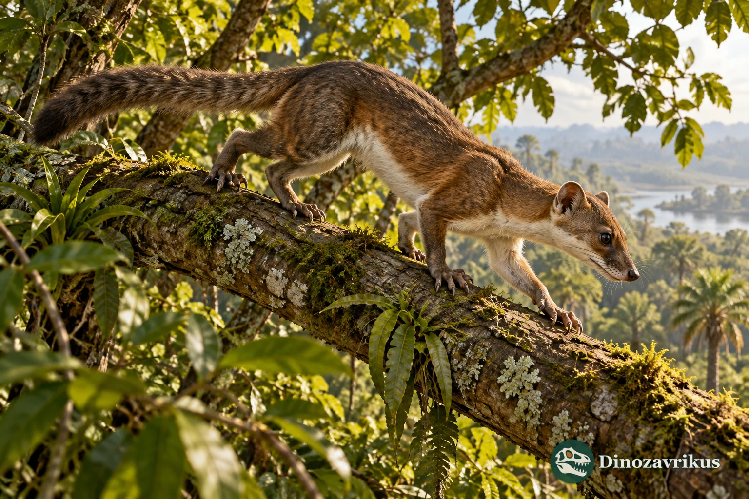 Artistic reconstruction of a small Eocene Vulpavus moving along a tree branch