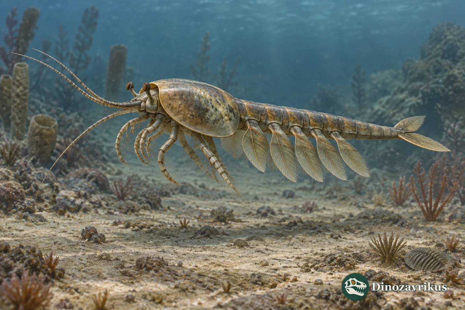 Reconstruction of Waptia fieldensis swimming with a small front carapace and fringed abdominal paddles