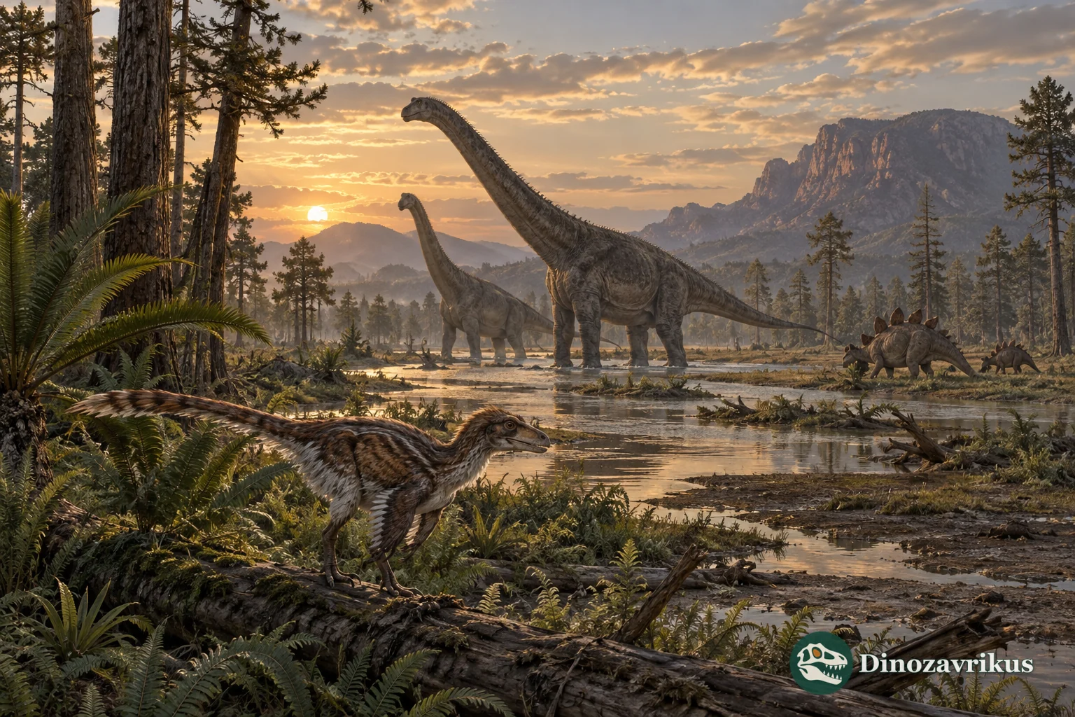 Jurassic dinosaurs in a diverse river valley with sauropods and a feathered theropod