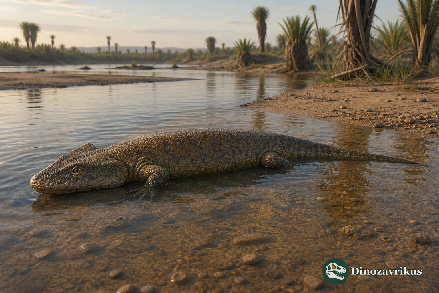 Watsonisuchus magnus near a shallow Early Triassic river in South Africa