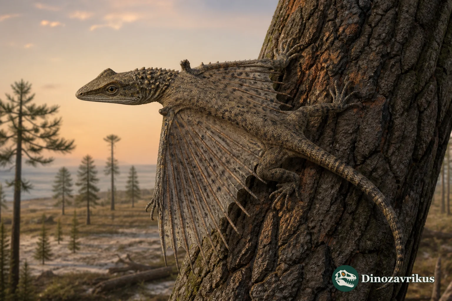 Weigeltisaurus jaekeli spreading its skin-supported gliding membrane among Permian trees