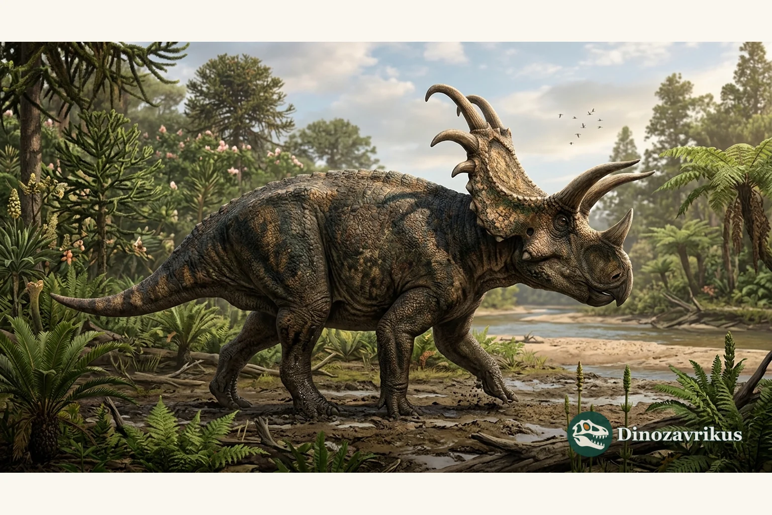 Illustrative reconstruction of Wendiceratops in a Campanian river-plain environment