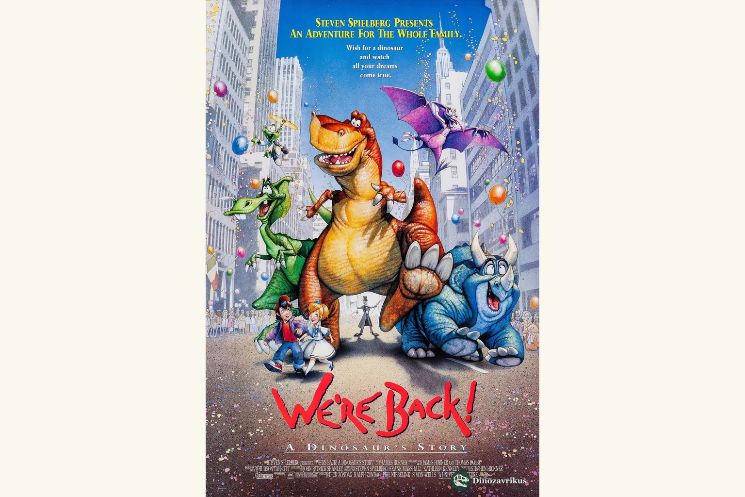 English-language poster artwork for We're Back! A Dinosaur's Story