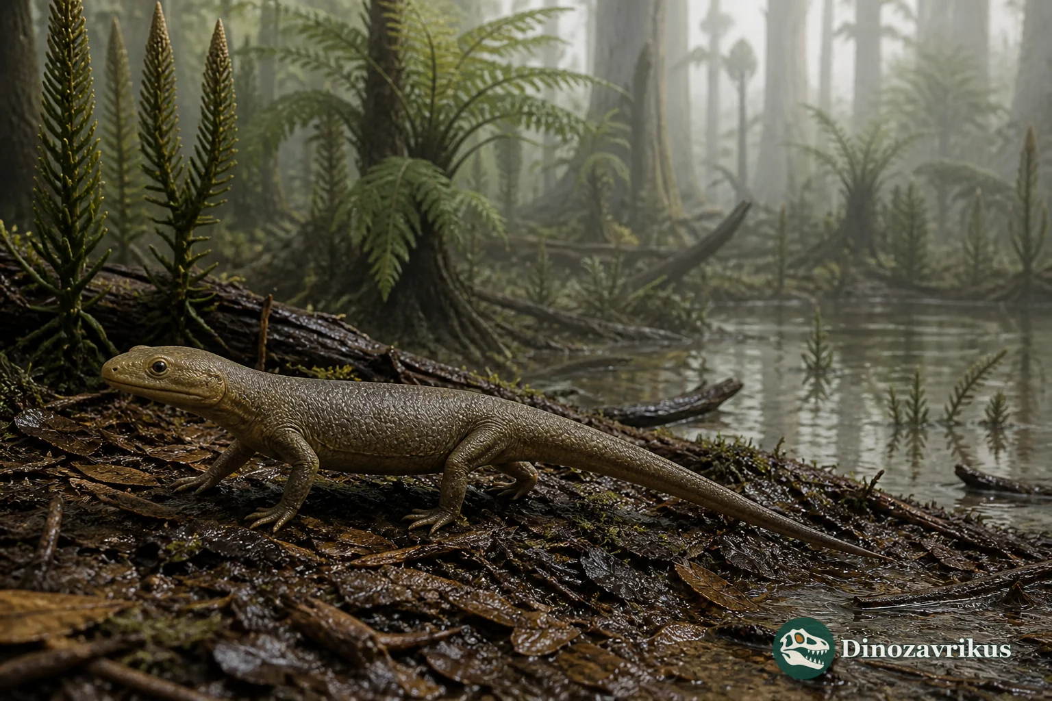 Westlothiana reconstructed at the edge of an Early Carboniferous lake