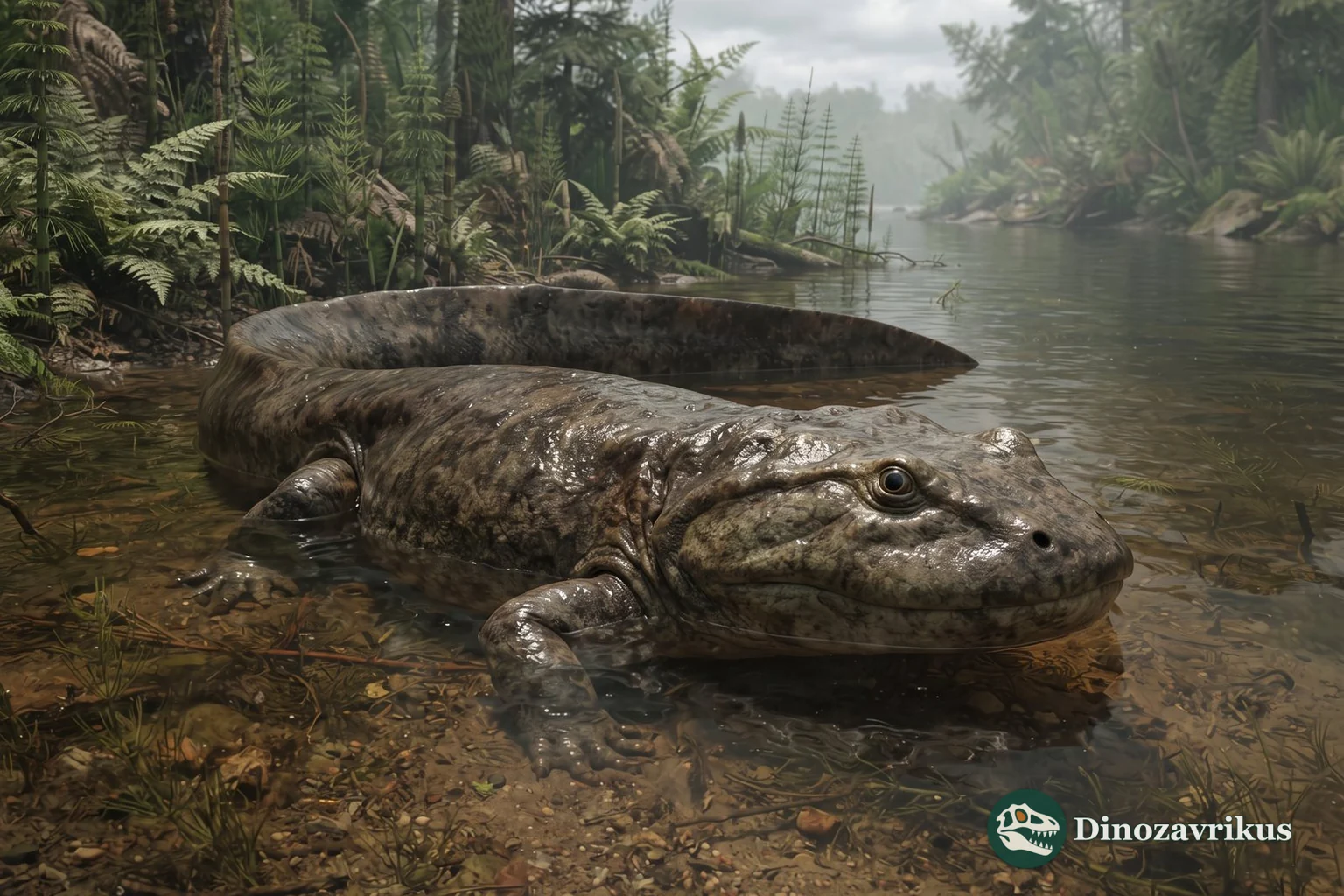 Wetlugasaurus ambushing fish in an Early Triassic river