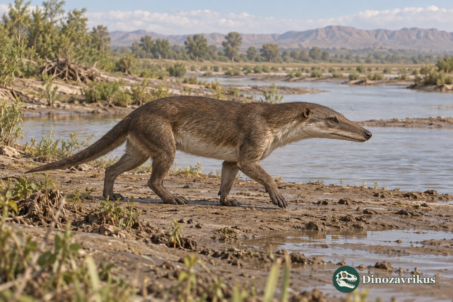 Pakicetus walking along a river margin in an Eocene landscape