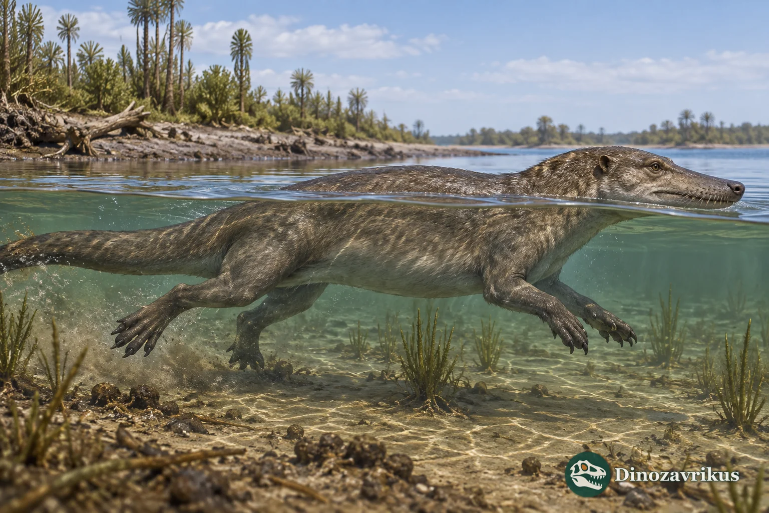 Ambulocetus swimming through shallow Eocene water