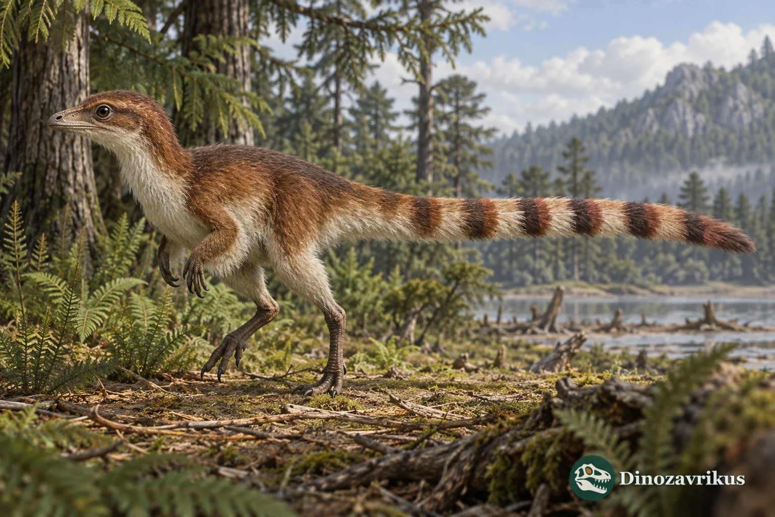 Sinosauropteryx with rust-brown and dark tail bands in an Early Cretaceous forest