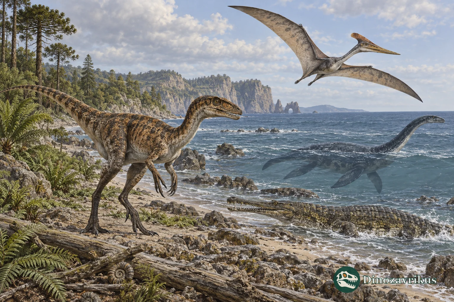 A Jurassic theropod on a rocky shore with a pterosaur overhead and marine reptiles in the water