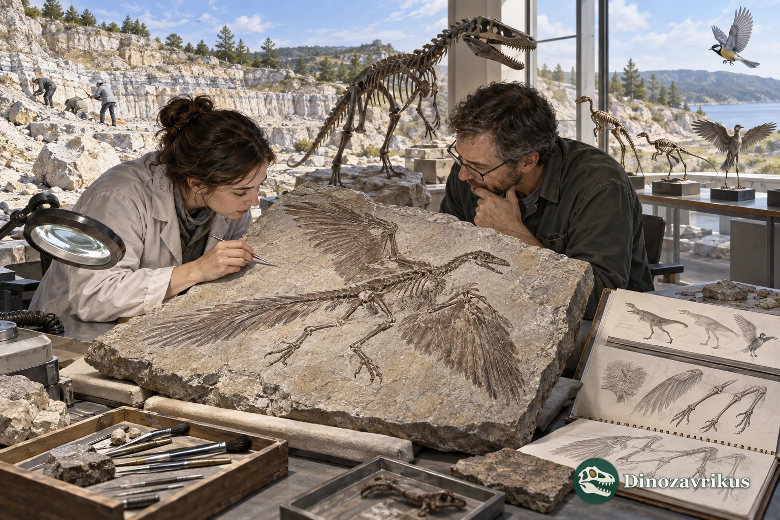A palaeontologist studying a feathered dinosaur fossil in a field laboratory