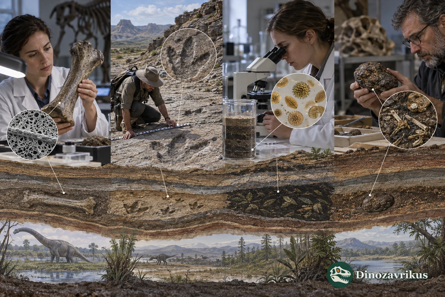 Researchers study fossil bones, tracks, sediment samples and microscopic fossil material