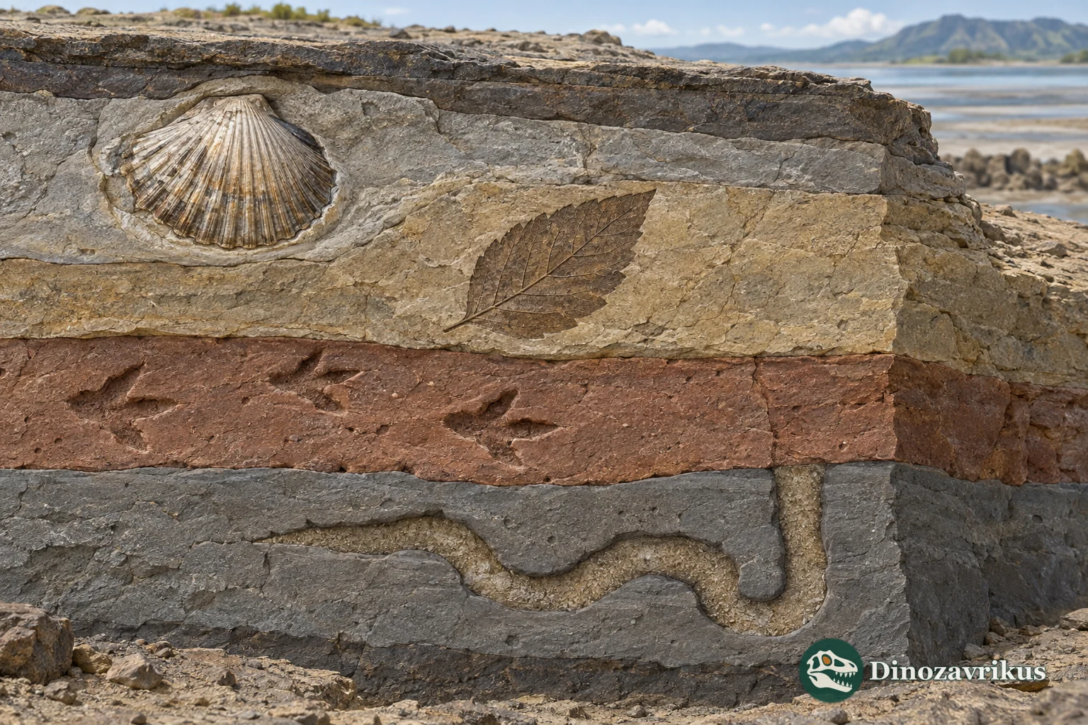 Layers of rock preserve a shell, a leaf impression and a burrow trace