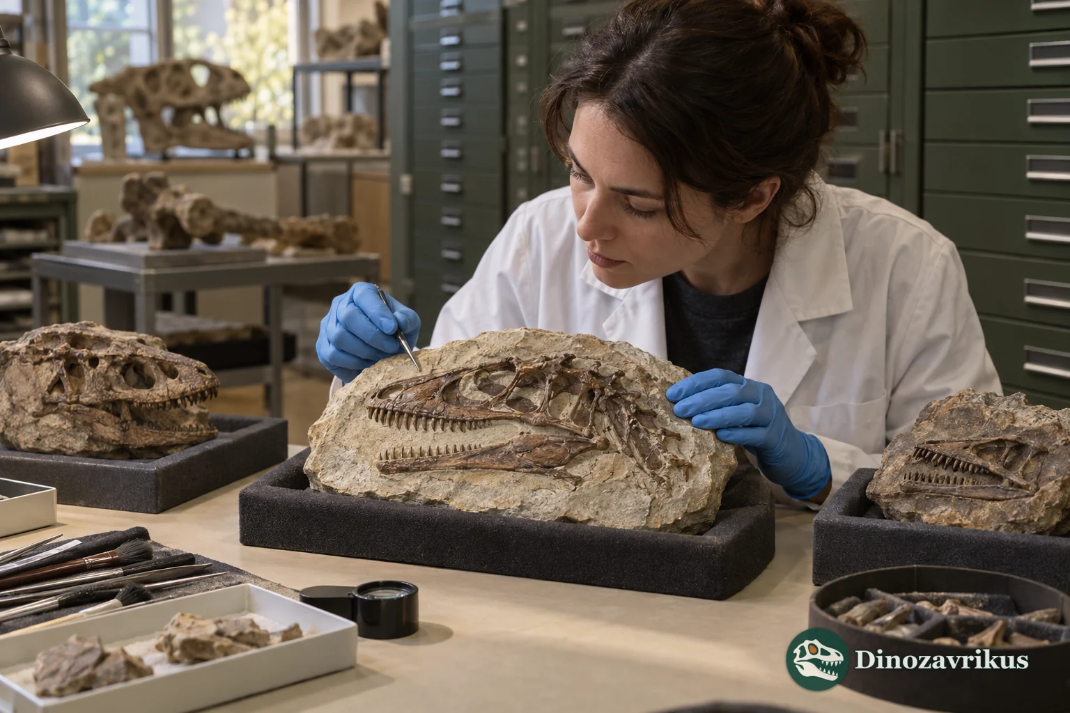 A palaeontologist comparing a highlighted type fossil with other specimens in a museum collection