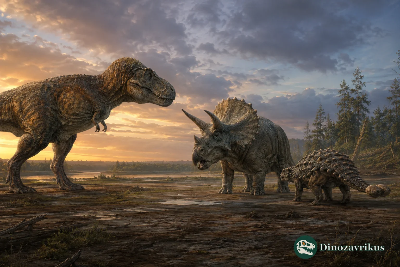 Illustrative Tyrannosaurus, Triceratops and Ankylosaurus facing one another across a floodplain