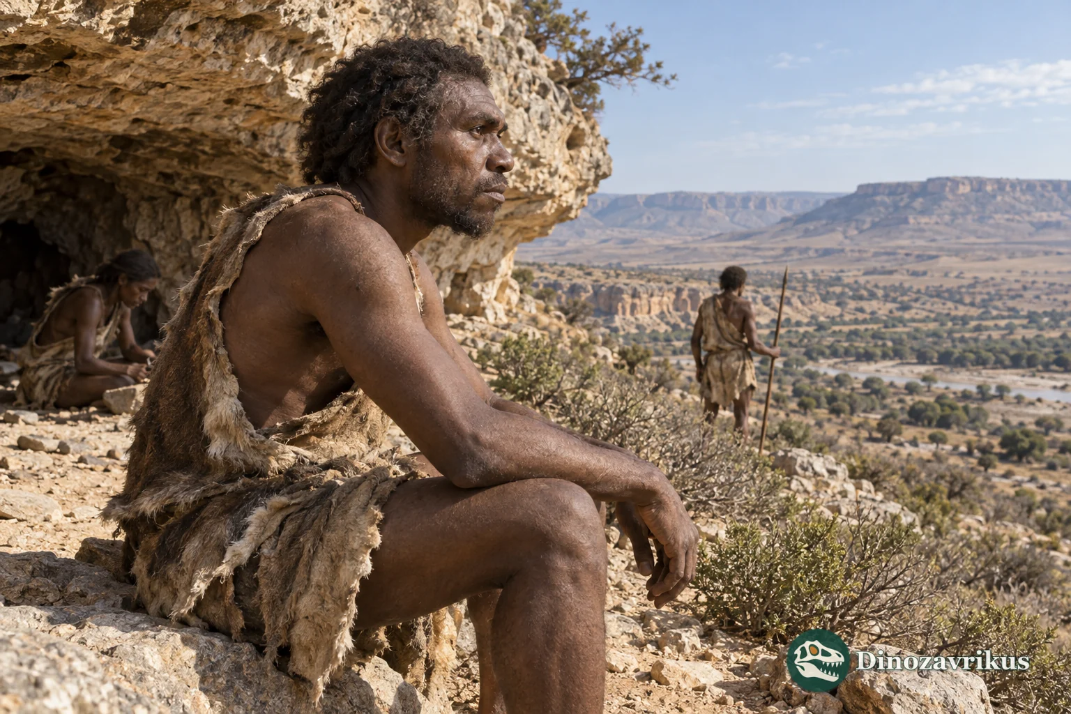 A Middle Pleistocene Homo sapiens adult rests by a limestone shelter in a North African landscape