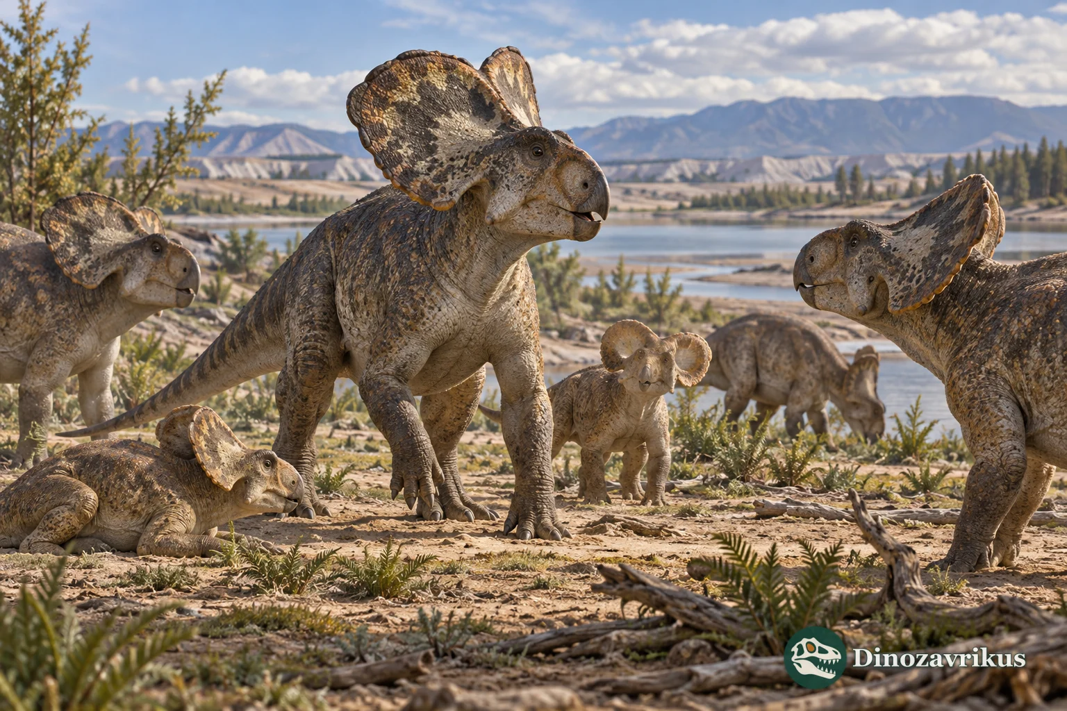 A group of ceratopsian dinosaurs displaying distinctive frills in a Cretaceous landscape