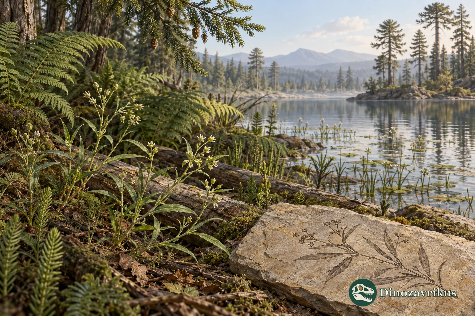 Artistic reconstruction of small early flowering plants beside a fossil impression in a Cretaceous lake margin