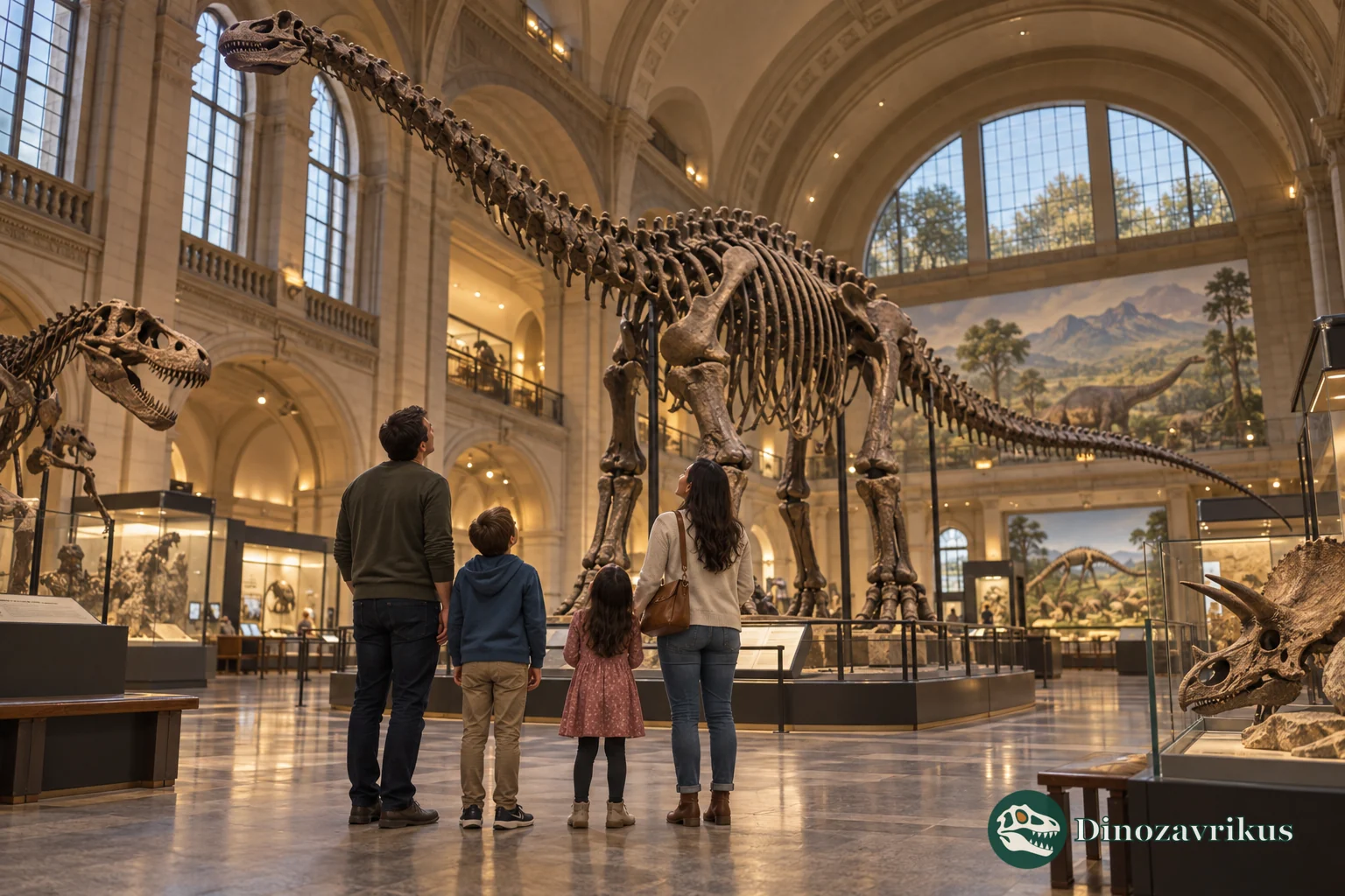 Visitors looking up at a mounted sauropod skeleton in a natural history museum