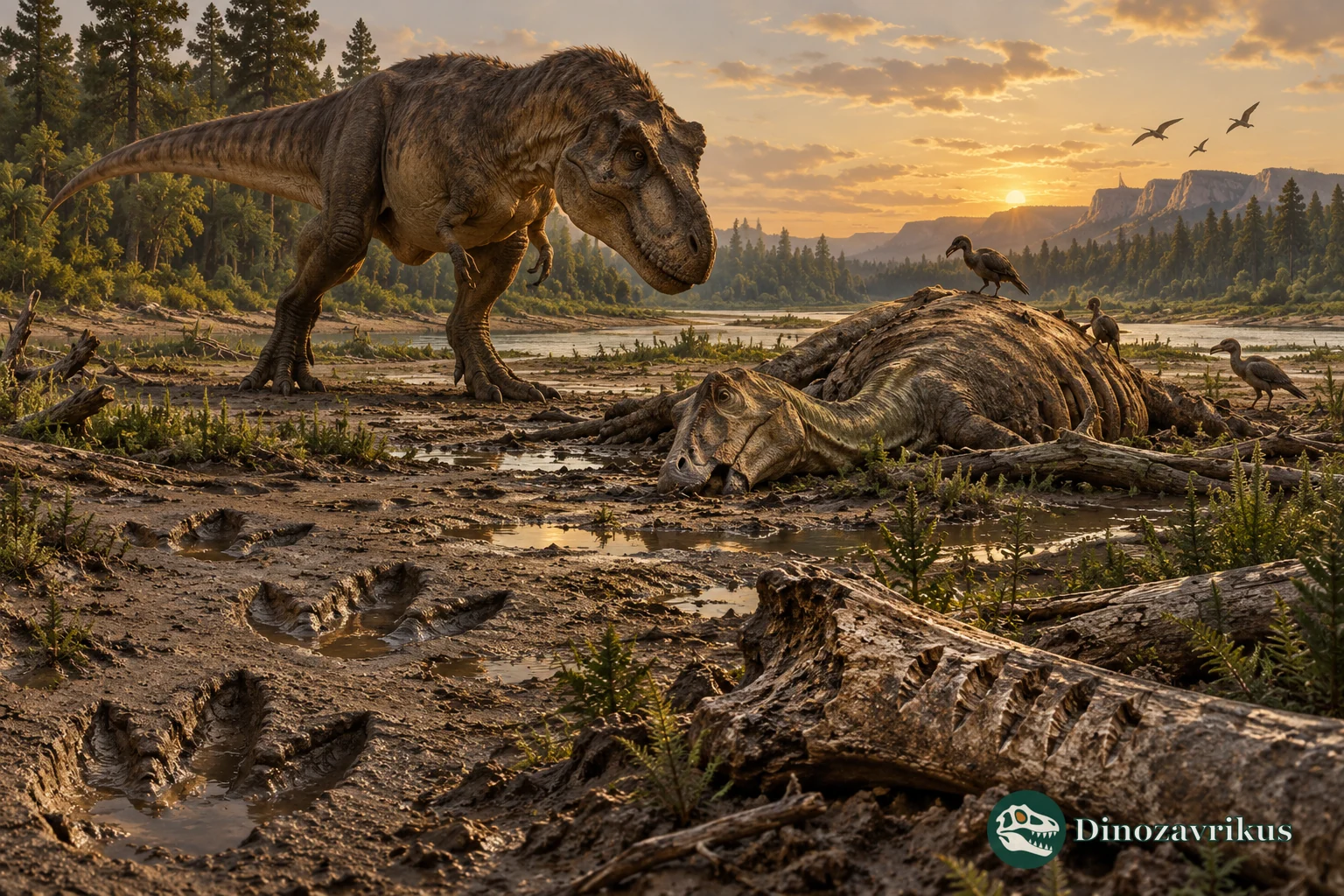 Reconstructed tyrannosaur feeding near a carcass in a Late Cretaceous landscape