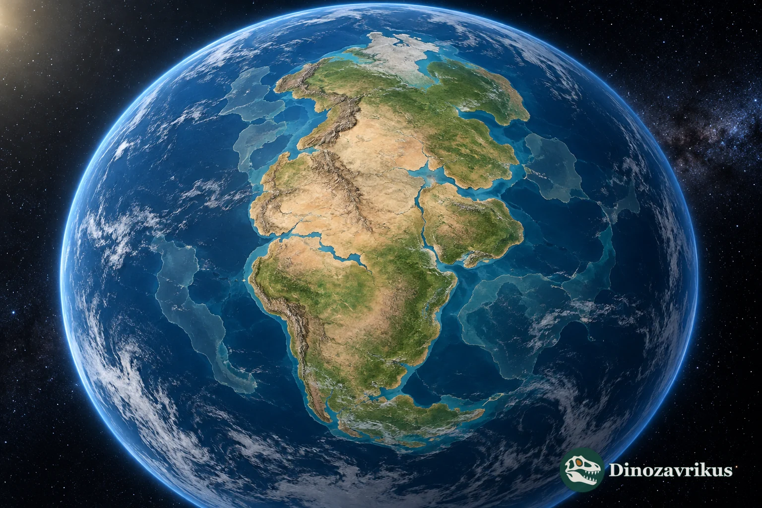 Earth viewed from space with an illustrative ancient supercontinent and faint outlines of shifting landmasses