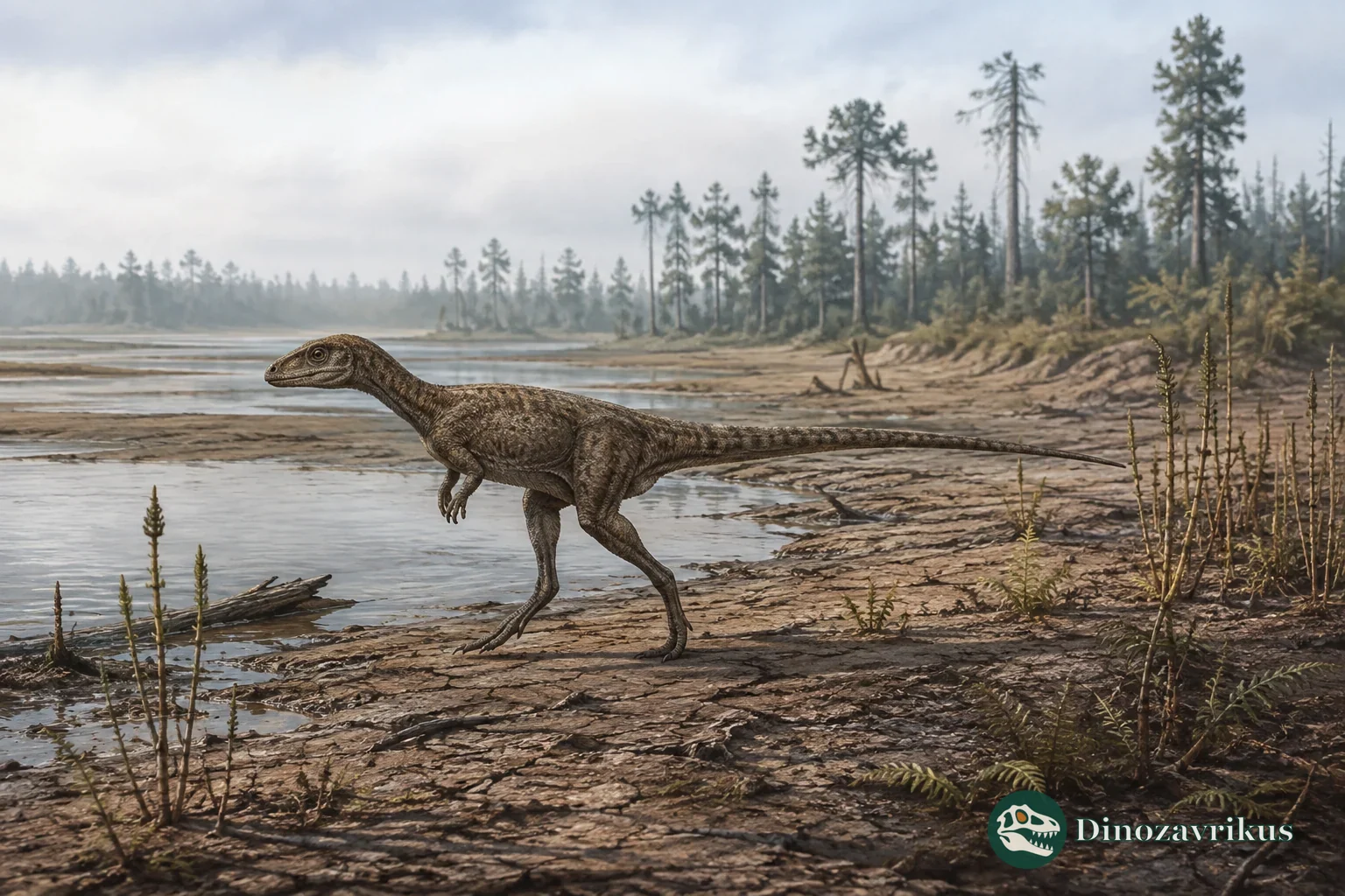 Artistic reconstruction of a small early dinosaur walking beside a Triassic river
