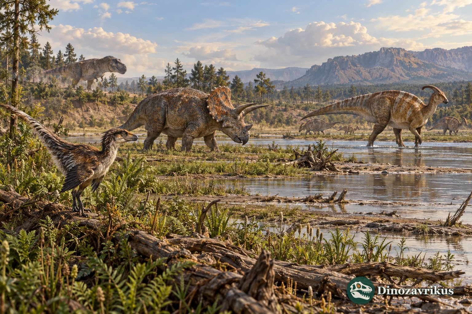 Several different Late Cretaceous dinosaurs sharing a river plain, illustrating ecological diversity