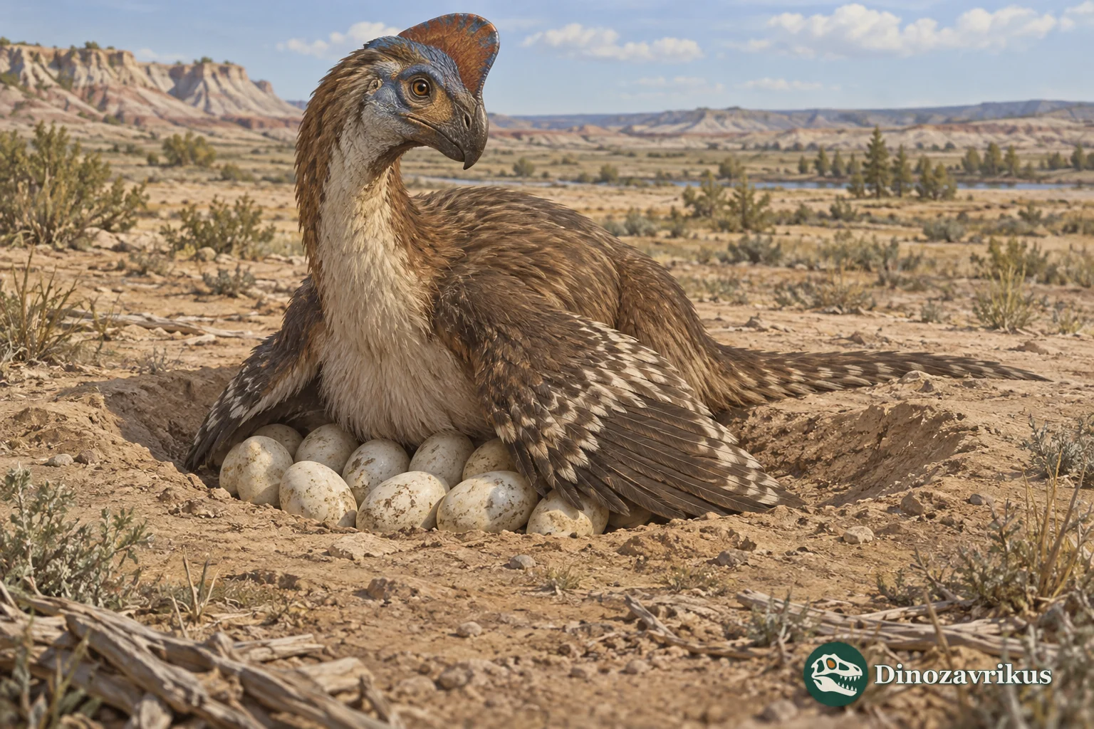 A feathered oviraptorosaur shelters a clutch of eggs in a shallow nest on a Cretaceous plain