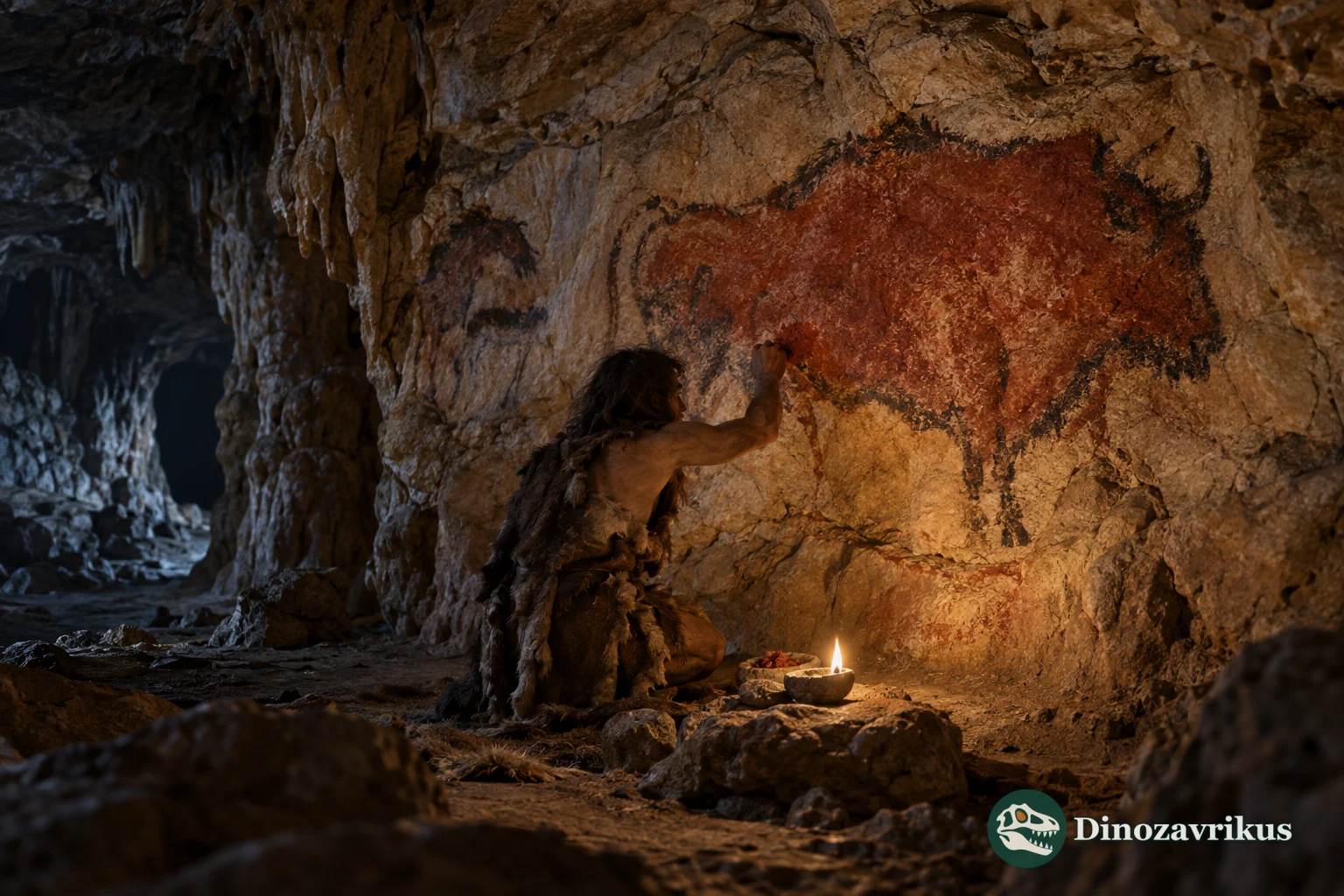 A Palaeolithic artist painting a bison on a cave wall by lamplight