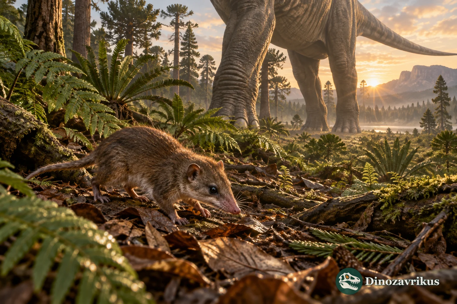 A small early mammal foraging beneath the legs of a sauropod in a Jurassic forest