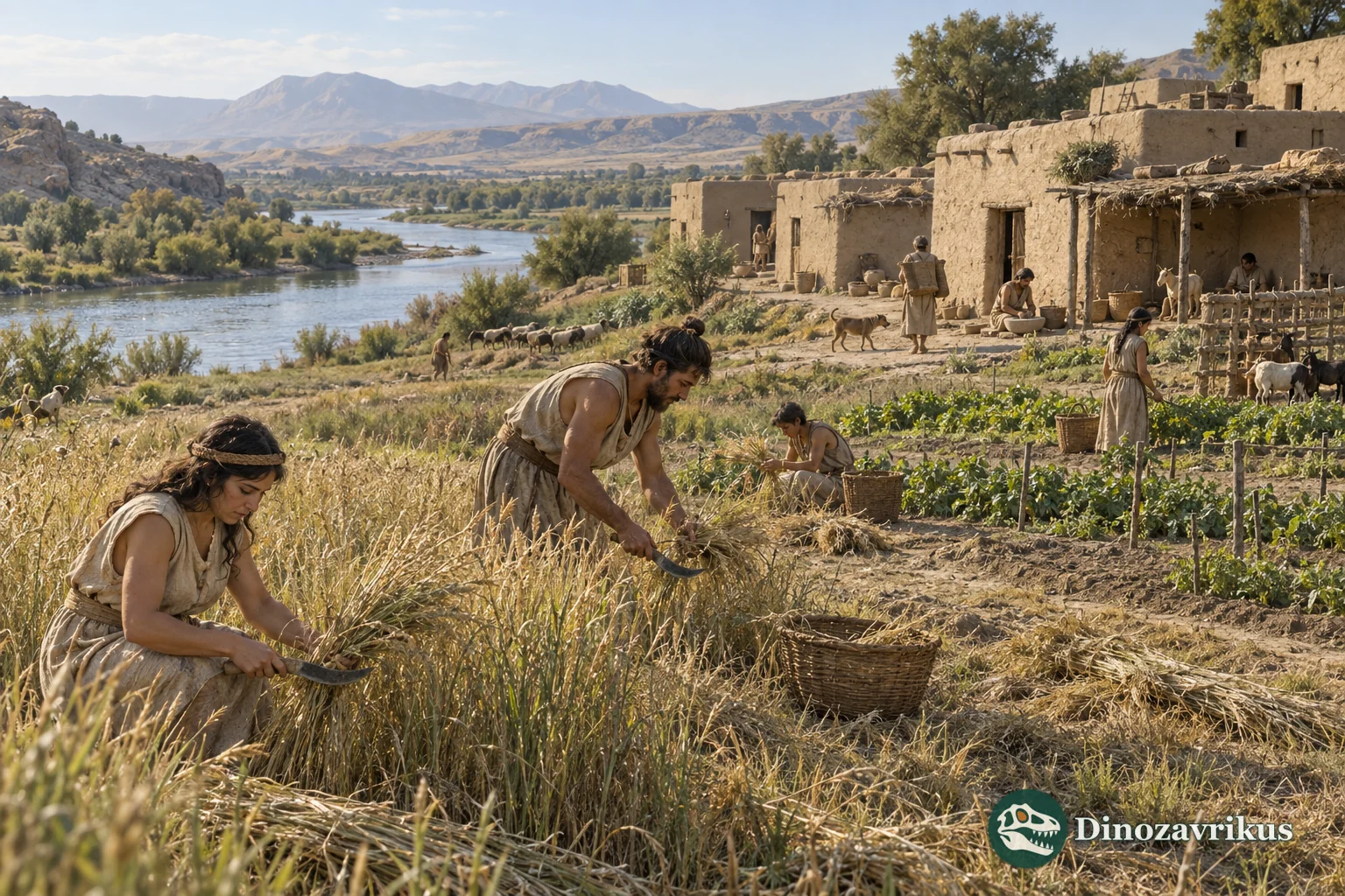 Early farmers harvesting crops beside a small settled community
