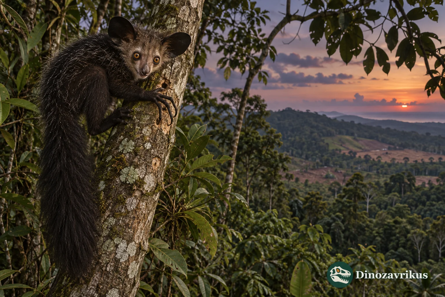 An aye-aye in Madagascar forest with a distant patchwork of fragmented habitat