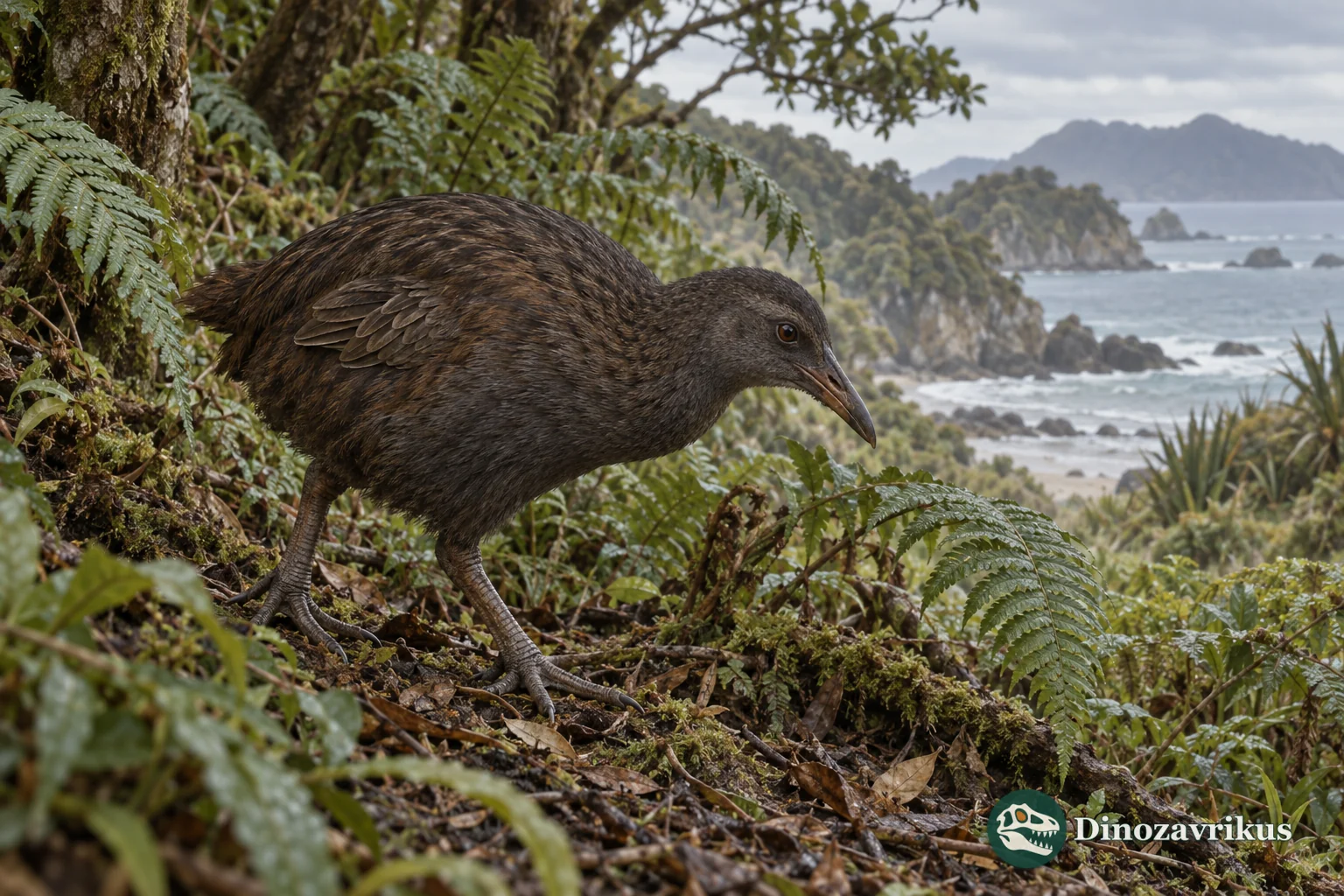A flightless rail walking through dense island vegetation