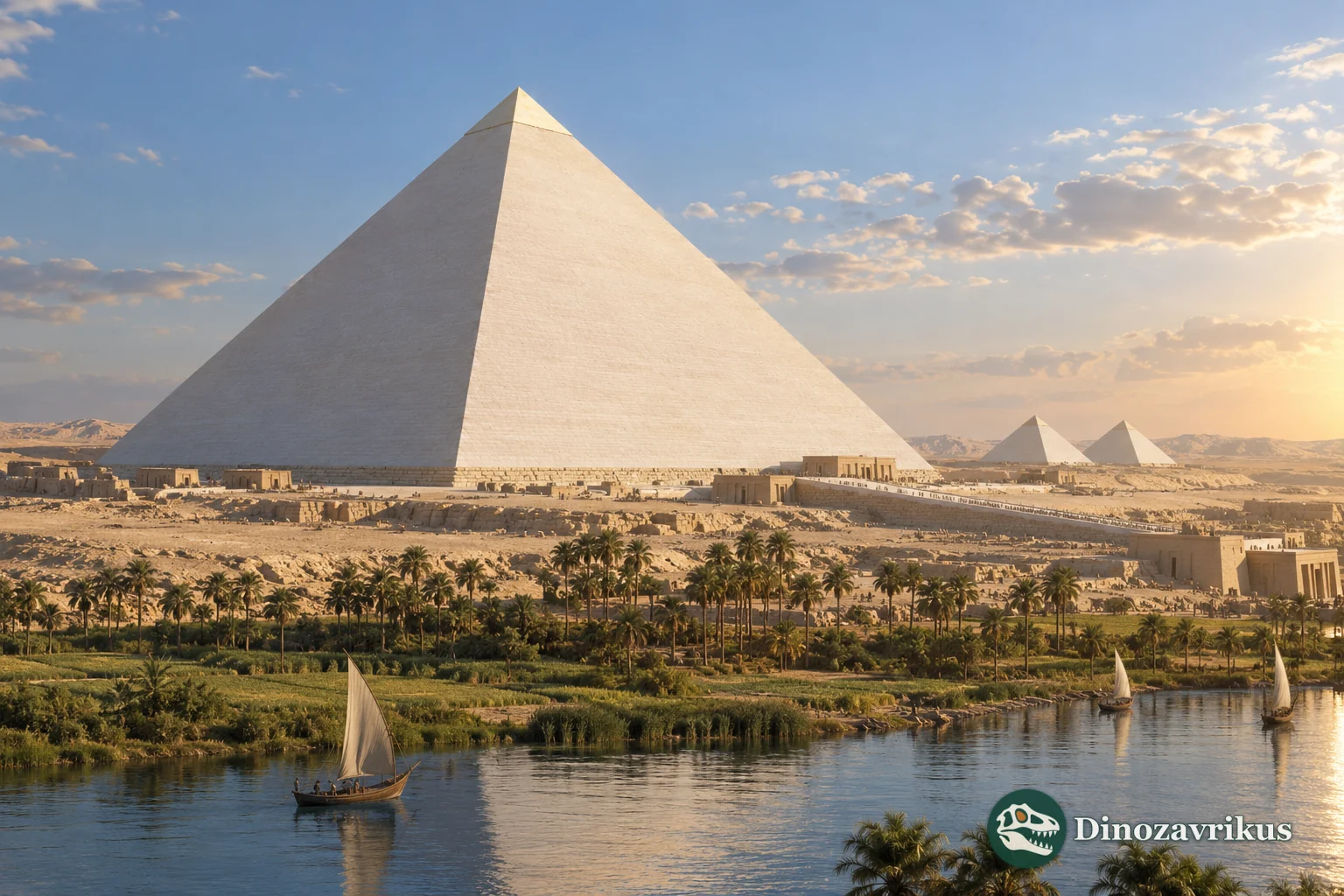 The Great Pyramid of Giza shown with intact limestone casing on the ancient plateau