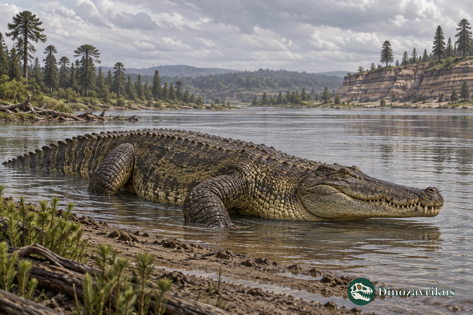 Artistic reconstruction of a large extinct crocodyliform resting at the edge of a Cretaceous river