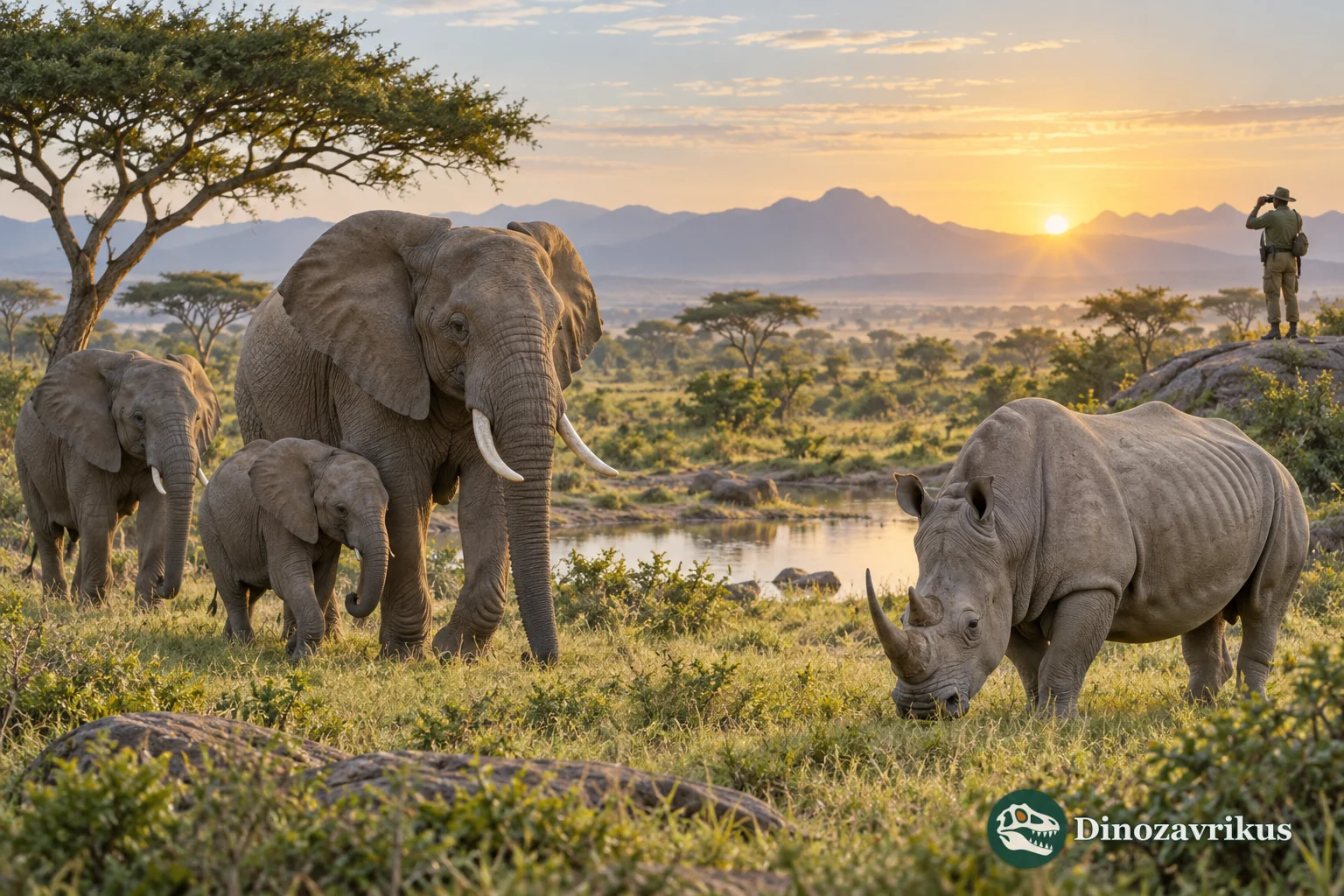 African elephants and a white rhinoceros in a protected savanna landscape