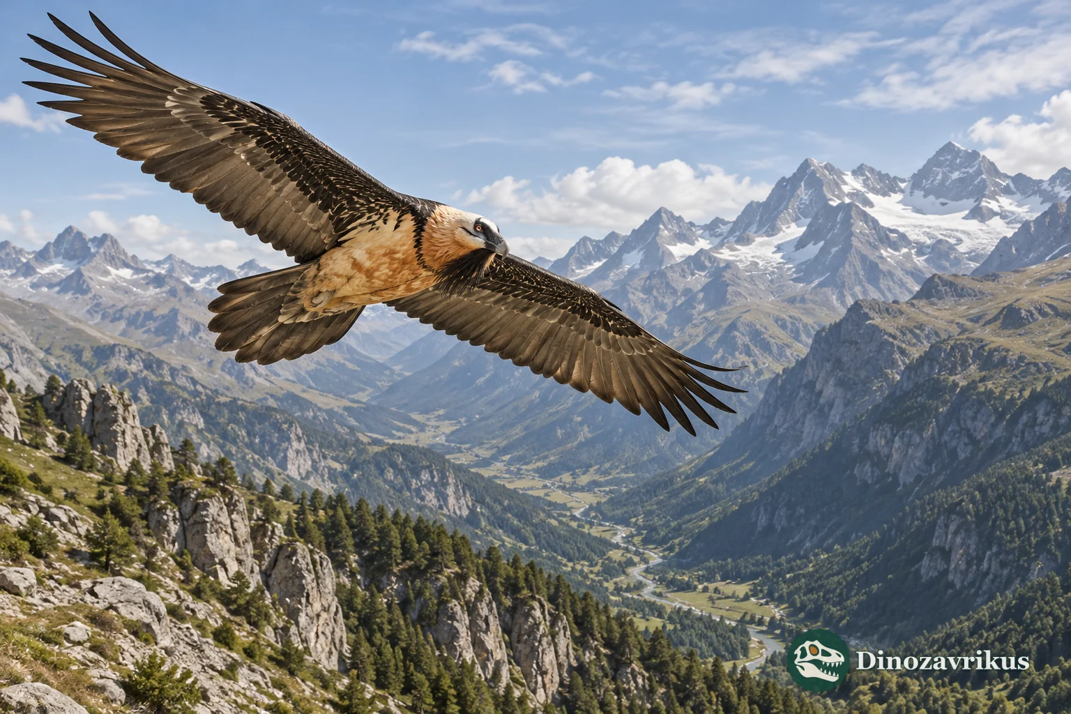 A bearded vulture gliding over an alpine valley after a conservation reintroduction